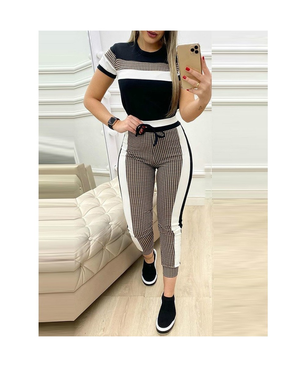 Colorblock Plaid Striped Short Sleeve Tape Top & Drawstring Pants Set Casual Basic Women Two Piece Set $39.86 - Suits & Sets