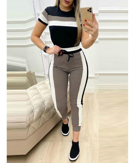 Colorblock Plaid Striped Short Sleeve Tape Top & Drawstring Pants Set Casual Basic Women Two Piece Set $39.86 - Suits & Sets