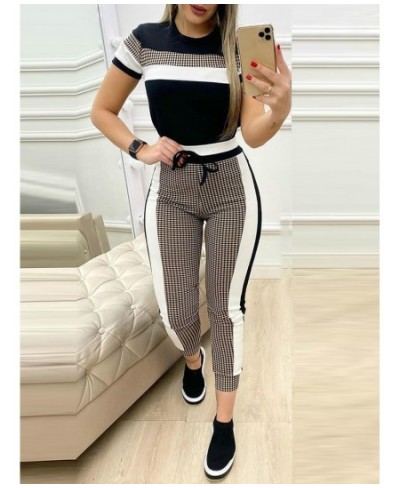 Colorblock Plaid Striped Short Sleeve Tape Top & Drawstring Pants Set Casual Basic Women Two Piece Set $39.86 - Suits & Sets