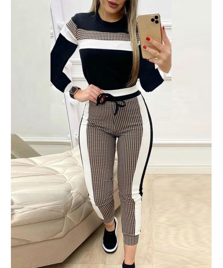 Colorblock Plaid Striped Short Sleeve Tape Top & Drawstring Pants Set Casual Basic Women Two Piece Set $39.86 - Suits & Sets