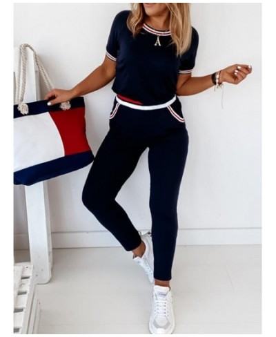 Colorblock Plaid Striped Short Sleeve Tape Top & Drawstring Pants Set Casual Basic Women Two Piece Set $39.86 - Suits & Sets