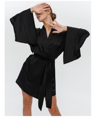 Sexy Women's Dressing Gown Flare Sleeve Bathrobe Female Black Loose Robes Women V-Neck Women's Nightwear With Sashes 2022 $32...