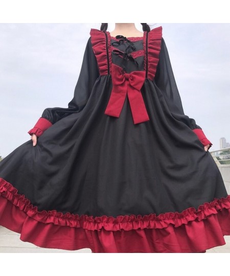 Japanese Harajuku Gothic Bandage Bow Splice Dress Sweet Lolita Girl Cosplay Dress Sweet Kawaii Ruffles Bow Women Party Dress ...