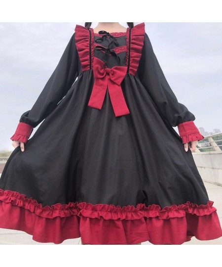 Japanese Harajuku Gothic Bandage Bow Splice Dress Sweet Lolita Girl Cosplay Dress Sweet Kawaii Ruffles Bow Women Party Dress ...