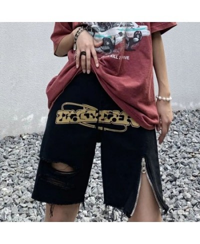 Vintage Letter Printed Denim Shorts Women American Ins Street Fashion Black Trendy Casual Shorts Summer New Zipper Ripped Jea...