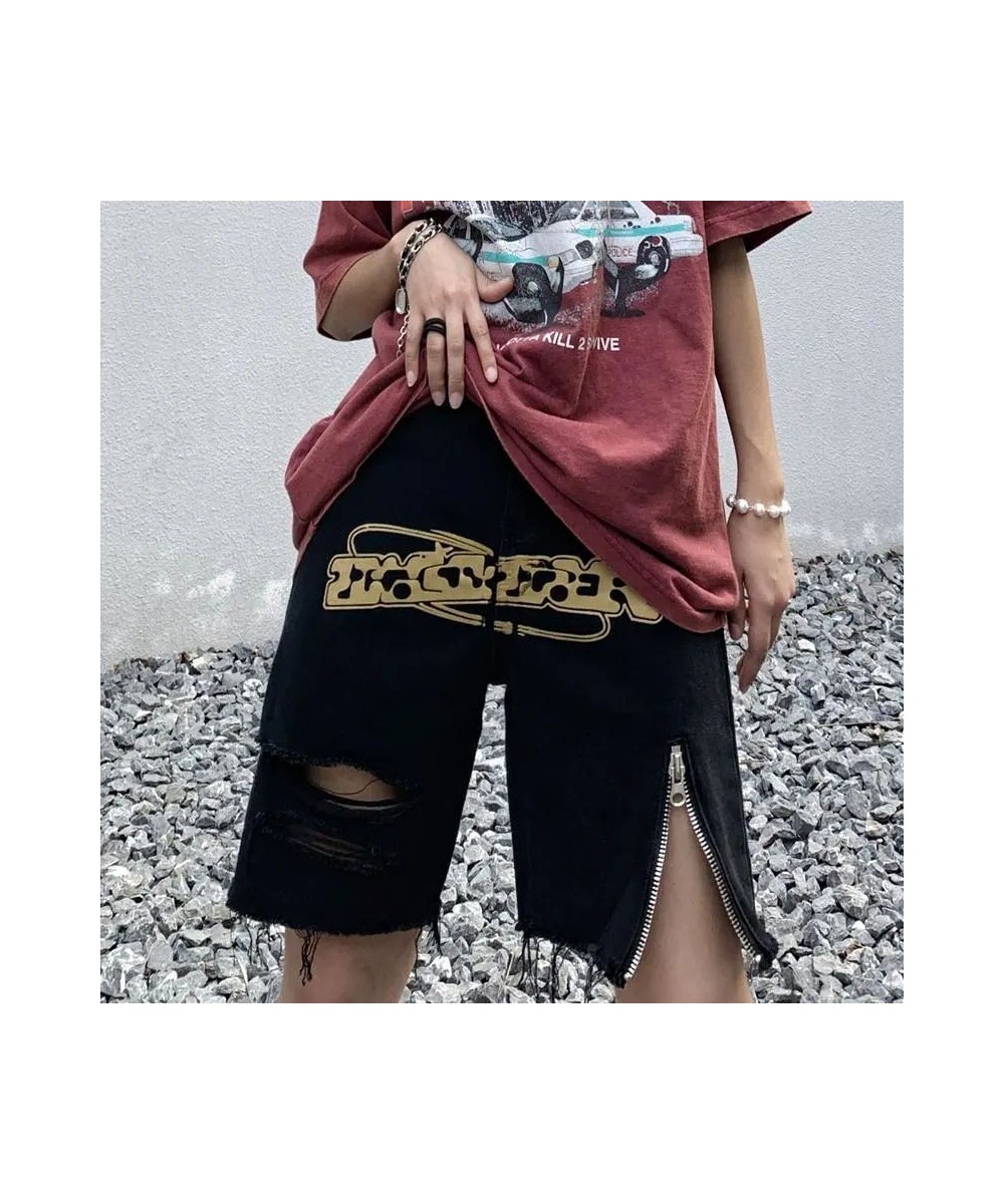 Vintage Letter Printed Denim Shorts Women American Ins Street Fashion Black Trendy Casual Shorts Summer New Zipper Ripped Jea...