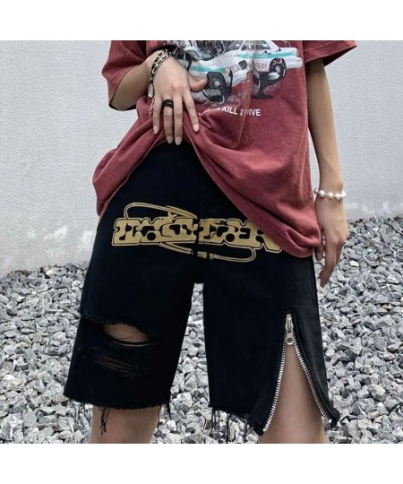 Vintage Letter Printed Denim Shorts Women American Ins Street Fashion Black Trendy Casual Shorts Summer New Zipper Ripped Jea...