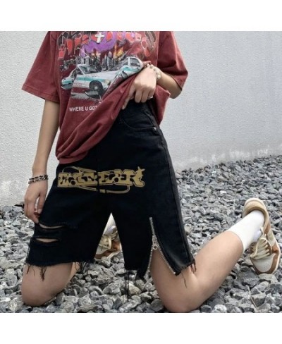 Vintage Letter Printed Denim Shorts Women American Ins Street Fashion Black Trendy Casual Shorts Summer New Zipper Ripped Jea...