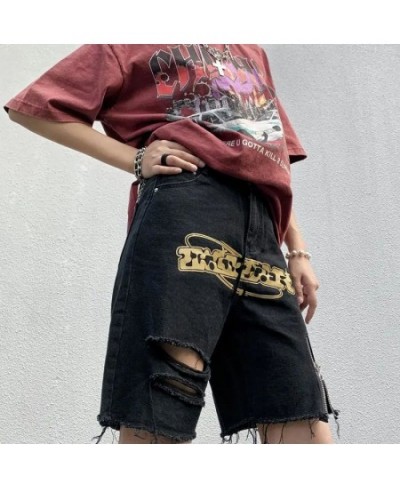 Vintage Letter Printed Denim Shorts Women American Ins Street Fashion Black Trendy Casual Shorts Summer New Zipper Ripped Jea...