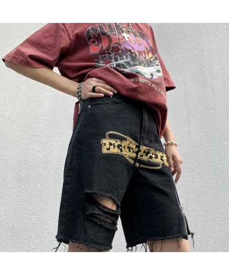 Vintage Letter Printed Denim Shorts Women American Ins Street Fashion Black Trendy Casual Shorts Summer New Zipper Ripped Jea...