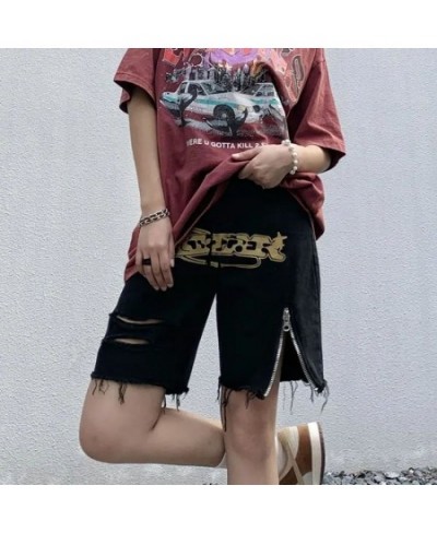 Vintage Letter Printed Denim Shorts Women American Ins Street Fashion Black Trendy Casual Shorts Summer New Zipper Ripped Jea...