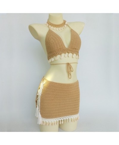 3pcs Bikini Set Woman Crochet Shell Tassel Bikini Top & Seashell Ankle Chain Sexy Beach Skirt Lace See Through Slim Mini Skir...