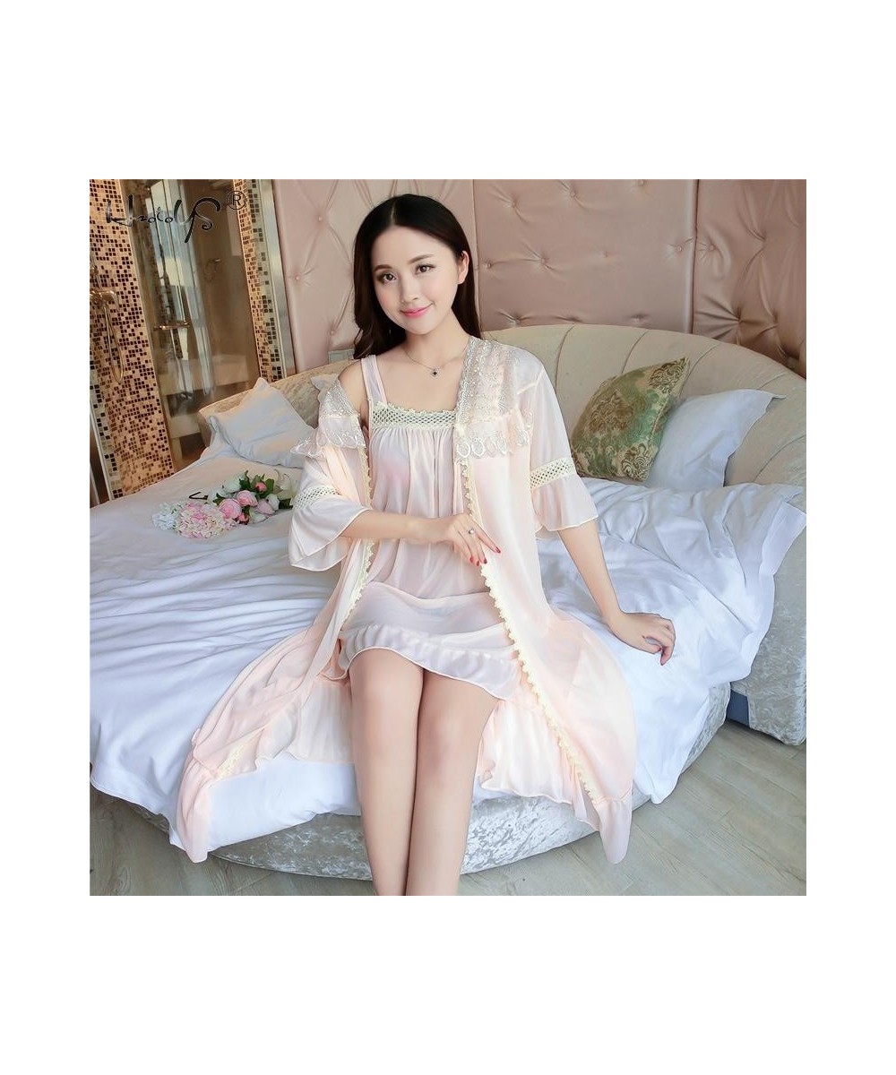 Sexy Women's Robe & Gown Sets Lace Bathrobe + Night Dress 2 Pieces Sleepwear Womens Sleep Set Ice Silk Robe Femme Homewear $2...