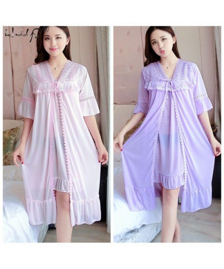 Sexy Women's Robe & Gown Sets Lace Bathrobe + Night Dress 2 Pieces Sleepwear Womens Sleep Set Ice Silk Robe Femme Homewear $2...