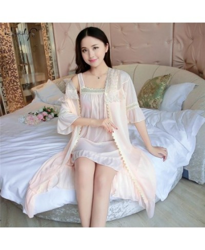 Sexy Women's Robe & Gown Sets Lace Bathrobe + Night Dress 2 Pieces Sleepwear Womens Sleep Set Ice Silk Robe Femme Homewear $2...