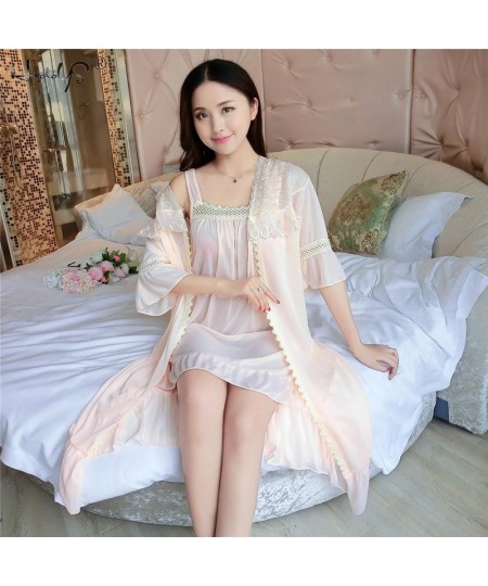 Sexy Women's Robe & Gown Sets Lace Bathrobe + Night Dress 2 Pieces Sleepwear Womens Sleep Set Ice Silk Robe Femme Homewear $2...