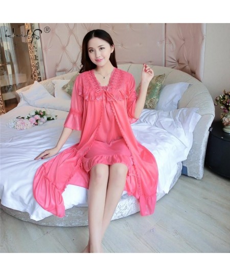 Sexy Women's Robe & Gown Sets Lace Bathrobe + Night Dress 2 Pieces Sleepwear Womens Sleep Set Ice Silk Robe Femme Homewear $2...