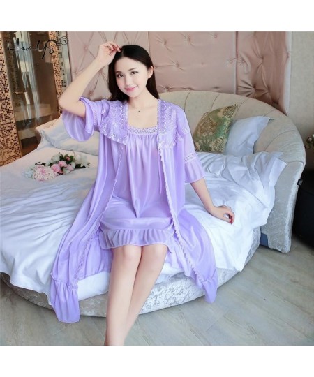 Sexy Women's Robe & Gown Sets Lace Bathrobe + Night Dress 2 Pieces Sleepwear Womens Sleep Set Ice Silk Robe Femme Homewear $2...