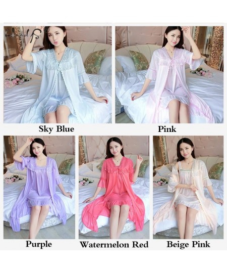 Sexy Women's Robe & Gown Sets Lace Bathrobe + Night Dress 2 Pieces Sleepwear Womens Sleep Set Ice Silk Robe Femme Homewear $2...