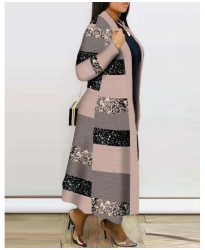 Women Winter 2022 Colorblock Striped Print Open Front Longline Casual Daily Long Sleeve Coat $44.47 - Jackets & Coats