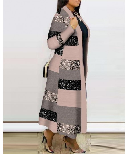 Women Winter 2022 Colorblock Striped Print Open Front Longline Casual Daily Long Sleeve Coat $44.47 - Jackets & Coats