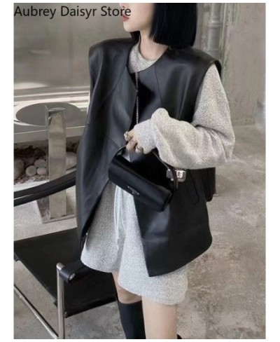 Streetwear Black Leather Vest Women Chic Irregular Design Biker Leather Vest Fashion Trend Loose Thin Pockets Sleeveless Vest...