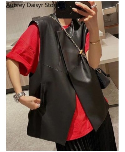 Streetwear Black Leather Vest Women Chic Irregular Design Biker Leather Vest Fashion Trend Loose Thin Pockets Sleeveless Vest...