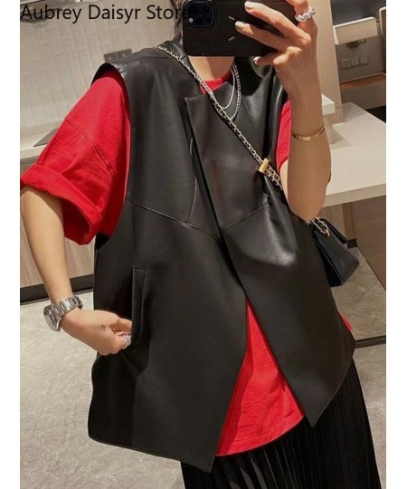 Streetwear Black Leather Vest Women Chic Irregular Design Biker Leather Vest Fashion Trend Loose Thin Pockets Sleeveless Vest...