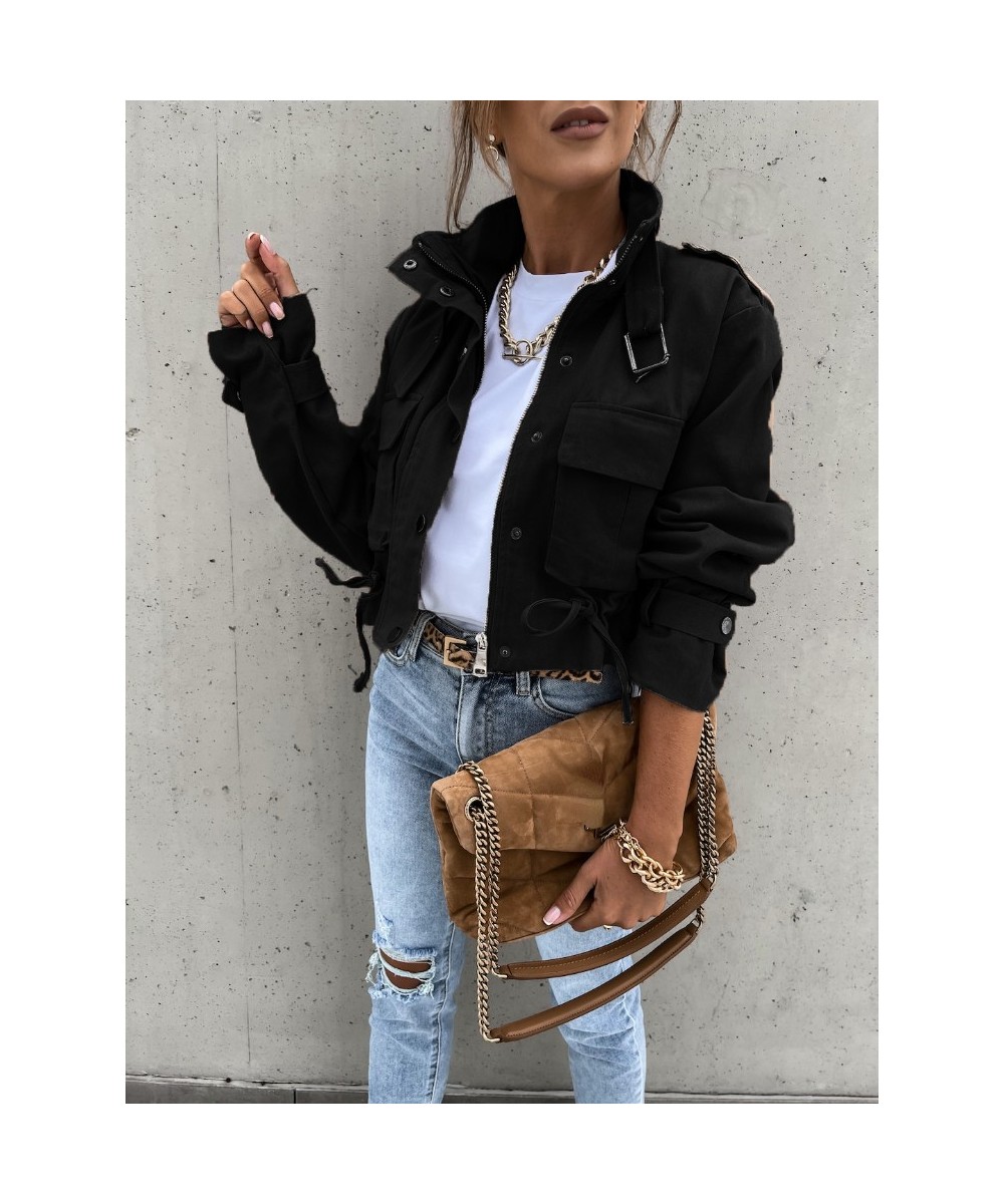 Jacket Women Fashion Zipper Motorcycle Short Jackets Autumn Winter Casual Vintage Long Sleeved Drawstring Streetwear Coat $58...