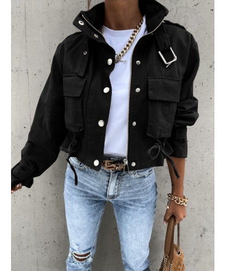 Jacket Women Fashion Zipper Motorcycle Short Jackets Autumn Winter Casual Vintage Long Sleeved Drawstring Streetwear Coat $58...