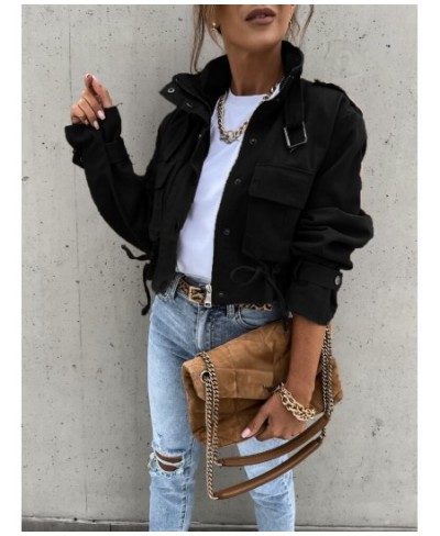 Jacket Women Fashion Zipper Motorcycle Short Jackets Autumn Winter Casual Vintage Long Sleeved Drawstring Streetwear Coat $58...