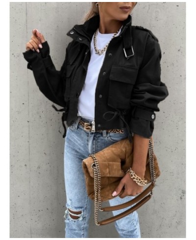 Jacket Women Fashion Zipper Motorcycle Short Jackets Autumn Winter Casual Vintage Long Sleeved Drawstring Streetwear Coat $58...