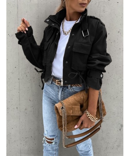 Jacket Women Fashion Zipper Motorcycle Short Jackets Autumn Winter Casual Vintage Long Sleeved Drawstring Streetwear Coat $58...