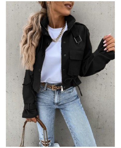 Jacket Women Fashion Zipper Motorcycle Short Jackets Autumn Winter Casual Vintage Long Sleeved Drawstring Streetwear Coat $58...