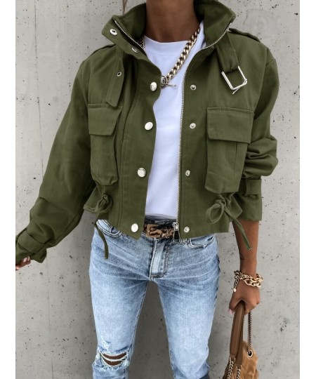 Jacket Women Fashion Zipper Motorcycle Short Jackets Autumn Winter Casual Vintage Long Sleeved Drawstring Streetwear Coat $58...