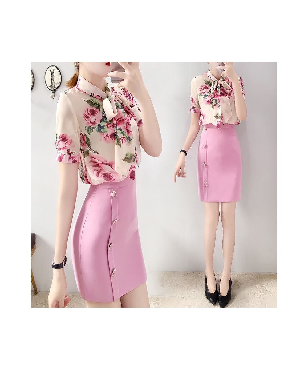 Runway Style 2 Piece Women Summer Twinsets Rose Print Bows Blouses Shirts Tops And Slim Buttons Ladies Skirt Suits NS291 $55....