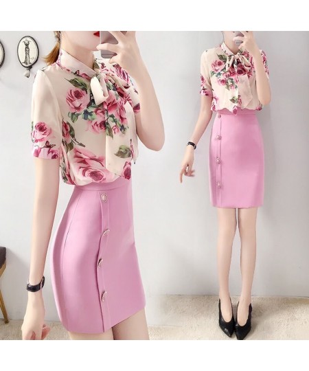 Runway Style 2 Piece Women Summer Twinsets Rose Print Bows Blouses Shirts Tops And Slim Buttons Ladies Skirt Suits NS291 $55....