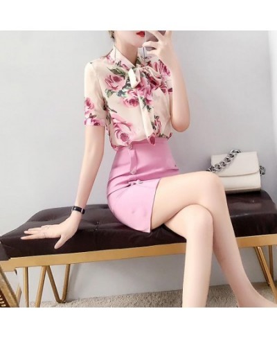 Runway Style 2 Piece Women Summer Twinsets Rose Print Bows Blouses Shirts Tops And Slim Buttons Ladies Skirt Suits NS291 $55....