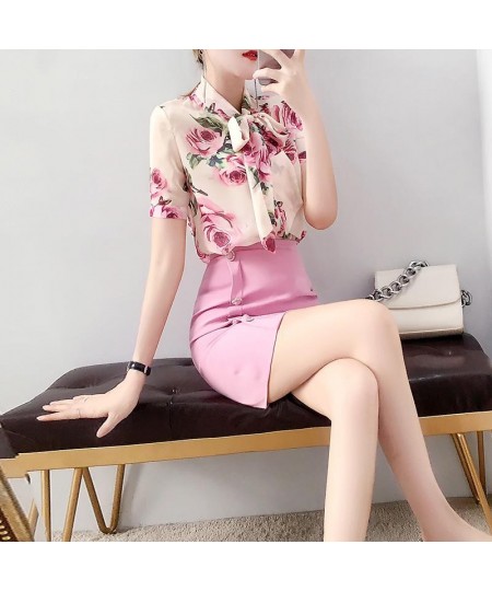 Runway Style 2 Piece Women Summer Twinsets Rose Print Bows Blouses Shirts Tops And Slim Buttons Ladies Skirt Suits NS291 $55....