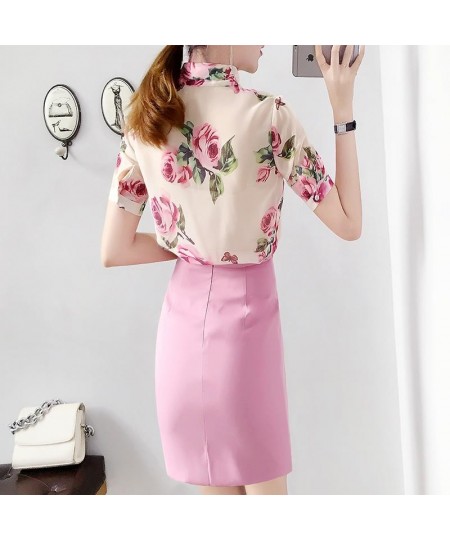 Runway Style 2 Piece Women Summer Twinsets Rose Print Bows Blouses Shirts Tops And Slim Buttons Ladies Skirt Suits NS291 $55....