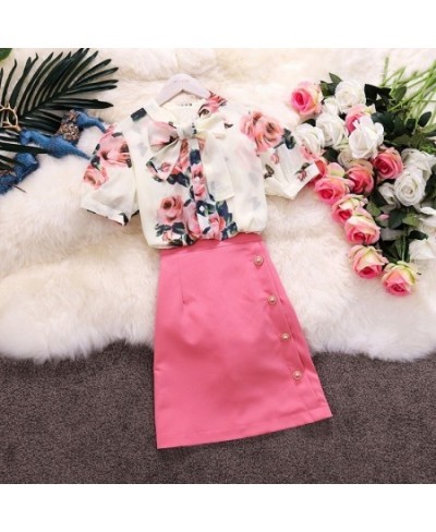 Runway Style 2 Piece Women Summer Twinsets Rose Print Bows Blouses Shirts Tops And Slim Buttons Ladies Skirt Suits NS291 $55....