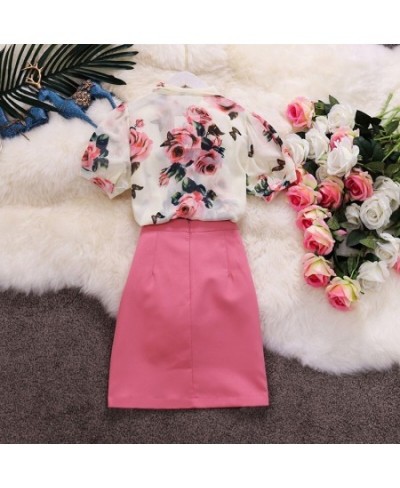 Runway Style 2 Piece Women Summer Twinsets Rose Print Bows Blouses Shirts Tops And Slim Buttons Ladies Skirt Suits NS291 $55....