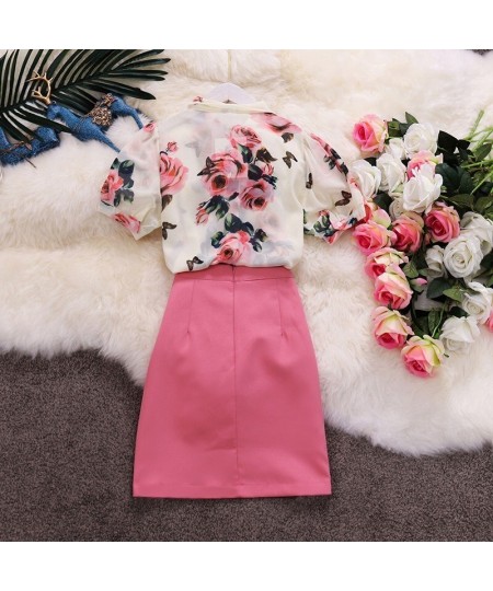 Runway Style 2 Piece Women Summer Twinsets Rose Print Bows Blouses Shirts Tops And Slim Buttons Ladies Skirt Suits NS291 $55....