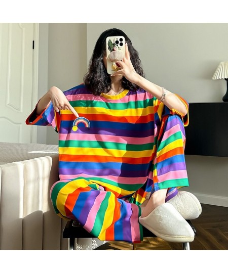 Women Pajama Sets Summer Oversize Short T-shirt and Long Pants Iridescence O-neck New Design Fashion Wear In Trip Beautiful $...