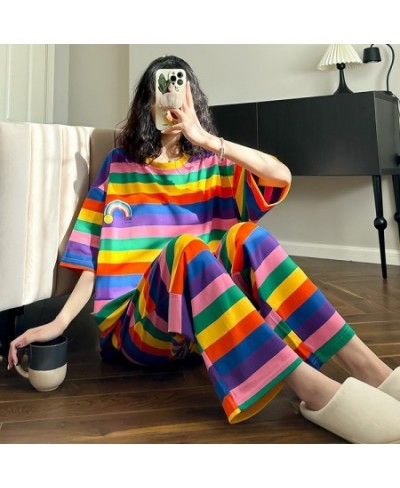 Women Pajama Sets Summer Oversize Short T-shirt and Long Pants Iridescence O-neck New Design Fashion Wear In Trip Beautiful $...