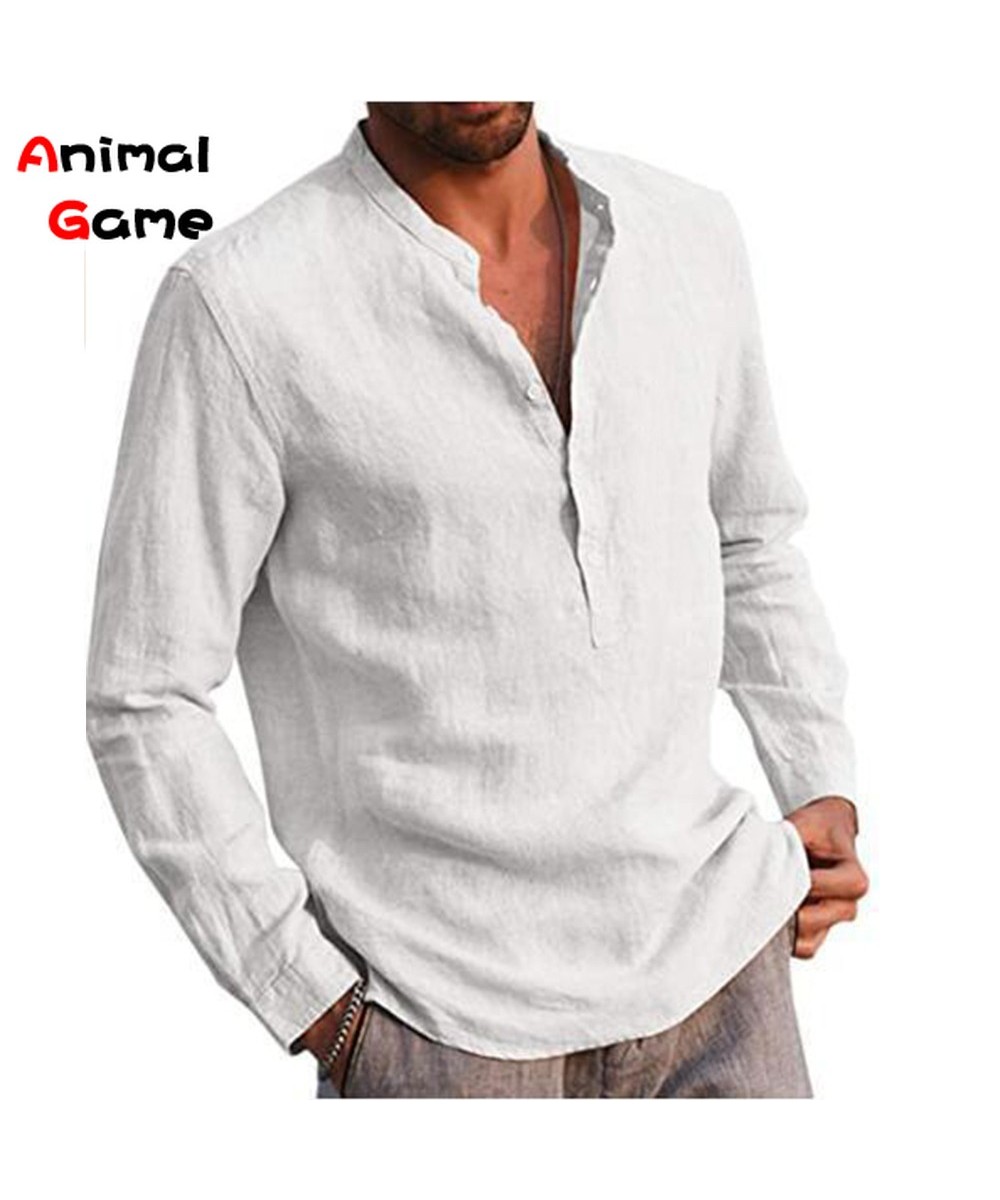 Autumn Cotton Line Men's Long-Sleeved Shirts Summer Solid Color Stand-Up Collar Casual Beach Style Plus Size $33.29 - Women Tops