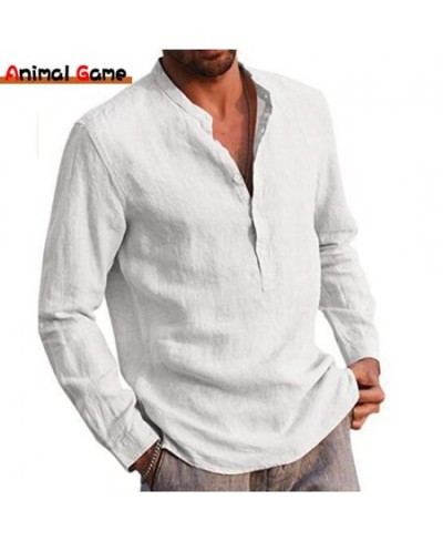 Autumn Cotton Line Men's Long-Sleeved Shirts Summer Solid Color Stand-Up Collar Casual Beach Style Plus Size $33.29 - Women Tops