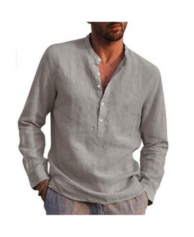 Autumn Cotton Line Men's Long-Sleeved Shirts Summer Solid Color Stand-Up Collar Casual Beach Style Plus Size $33.29 - Women Tops