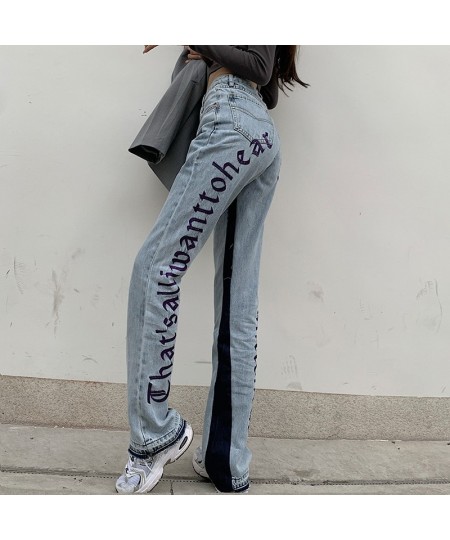 European Spring Autumn New Denim Back Letters Embroidery Thin Loose High-waisted Jeans Straight Pants Women Fashion Streetwea...