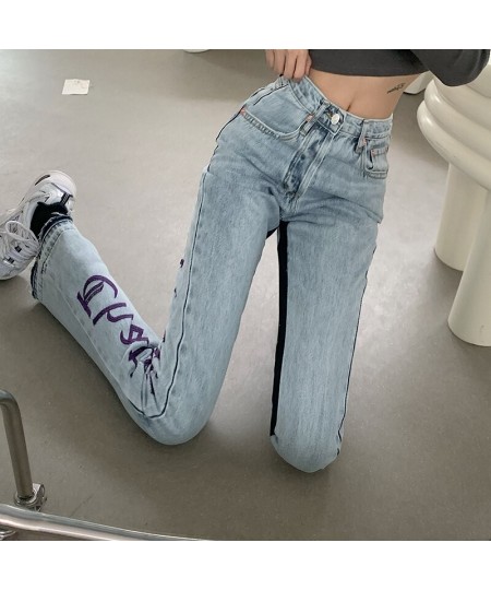 European Spring Autumn New Denim Back Letters Embroidery Thin Loose High-waisted Jeans Straight Pants Women Fashion Streetwea...